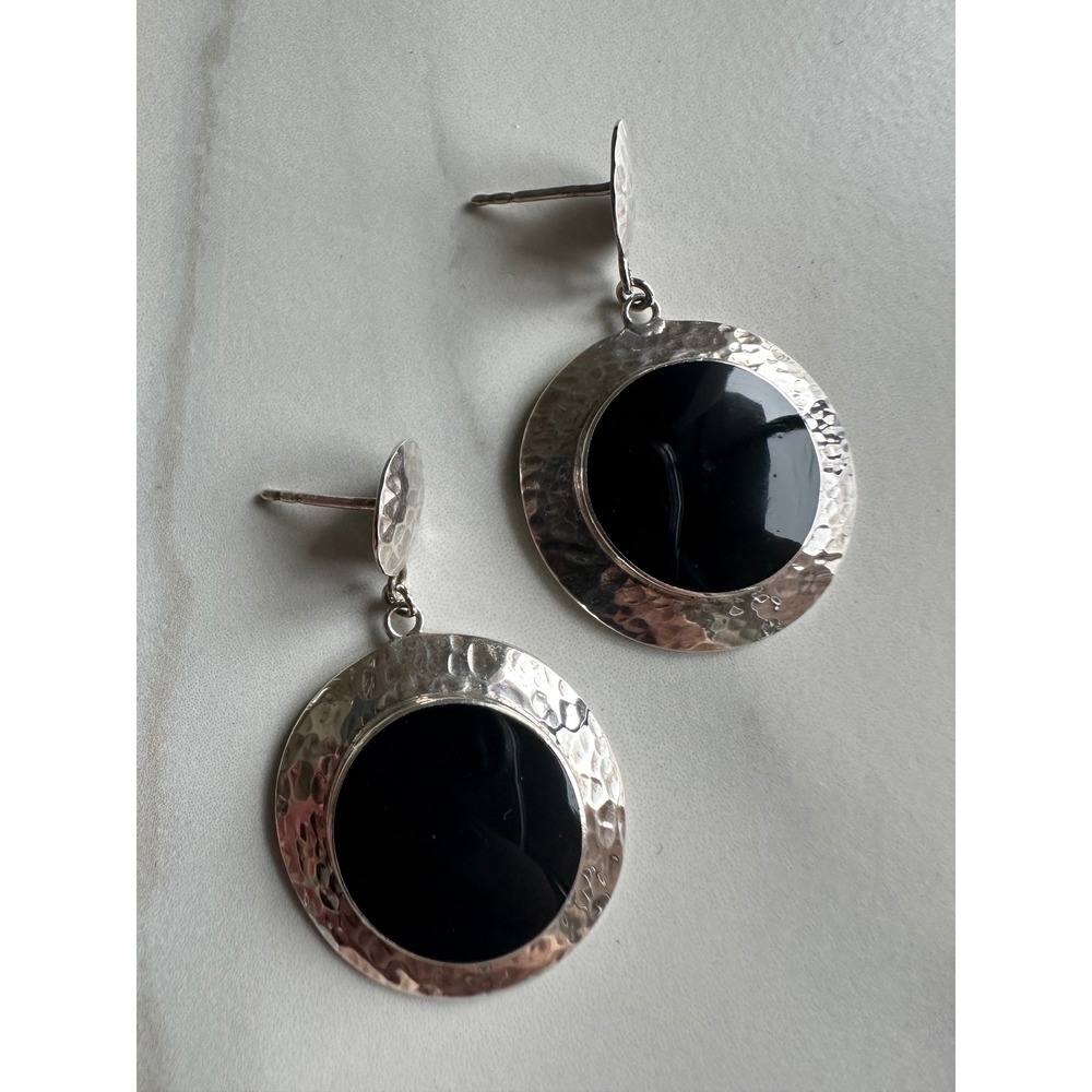 Sterling Silver 925 Hammered Black Onyx Circle Drop Dangle Earrings Handcrafted